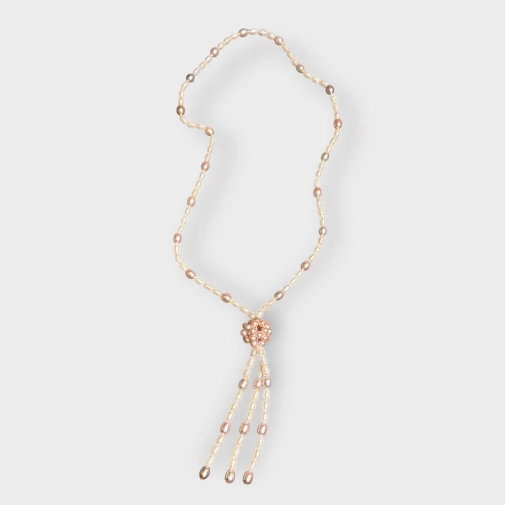 Vintage Pink & Cream Freshwater Pearl, Beaded Dangle Necklace - Picture 4 of 6